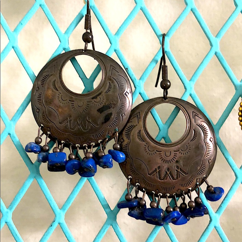 Silver Circles with indigo beads dangle earrings